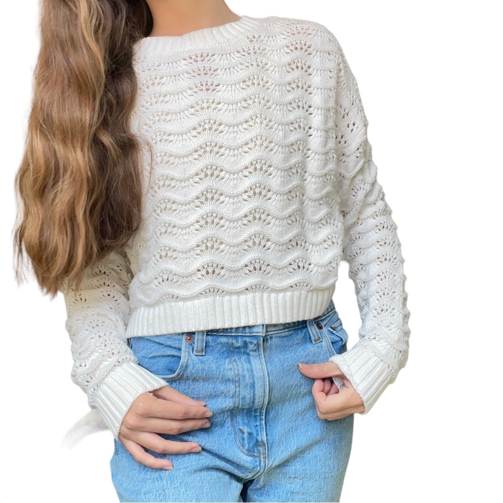 Hollister White Open Knit Beach Summer Crew Neck Cover Up Coastal Sweater
